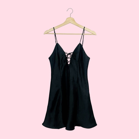 BLACK LACE UP SLIP DRESS (M)