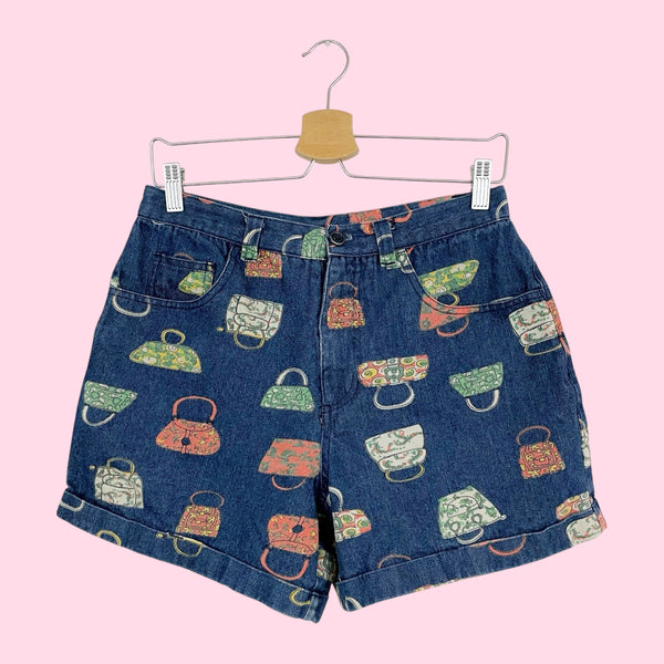 PURSE PRINT HIGH WAISTED DENIM SHORTS (29)