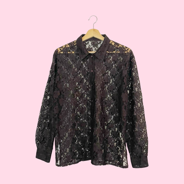 90s Brown Lace Blouse (L)
