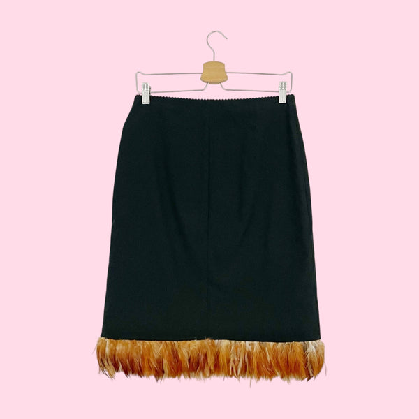 BLACK FEATHER TRIM MIDI SKIRT (M/L)