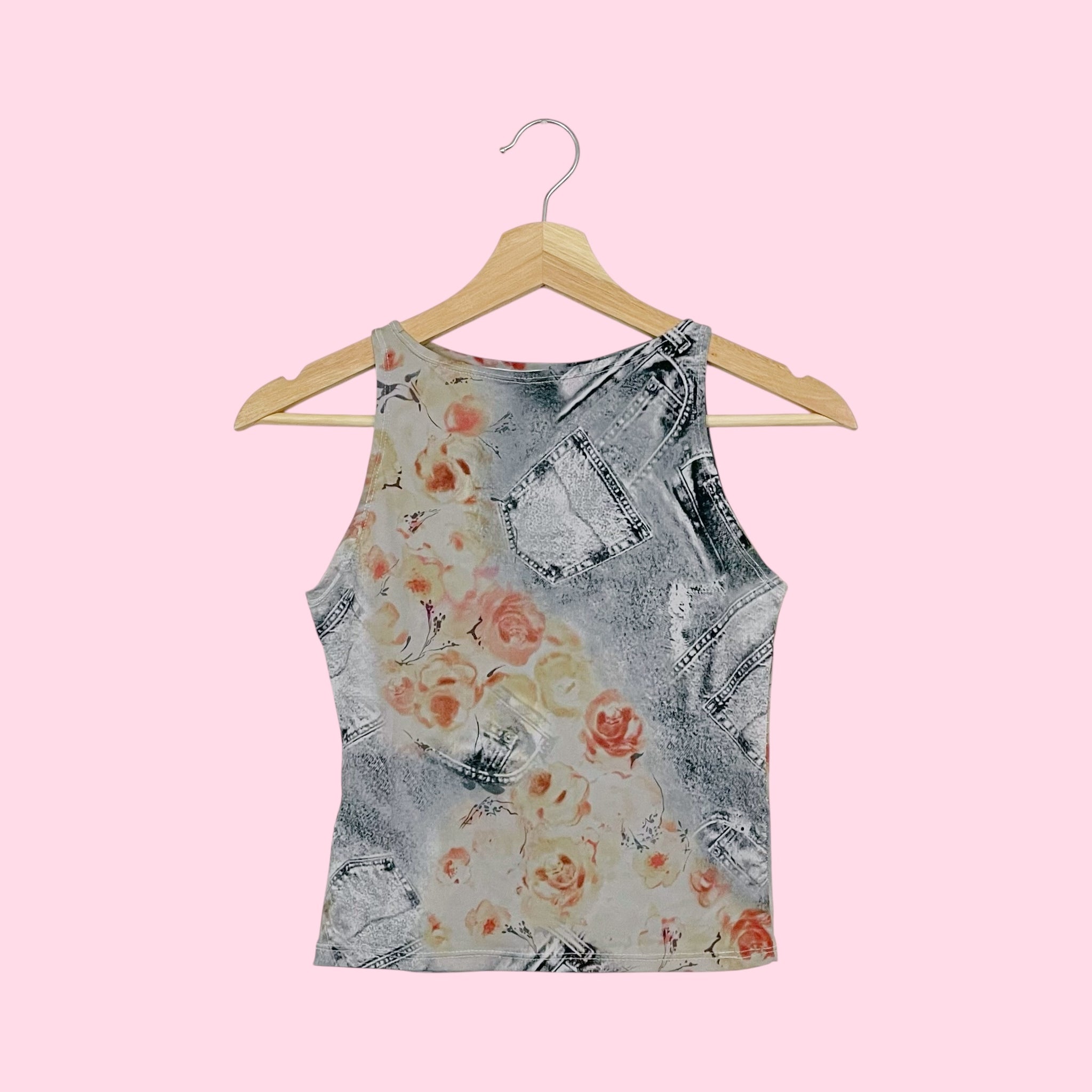 GRAY DENIM ROSE PRINT TANK (XS/S)