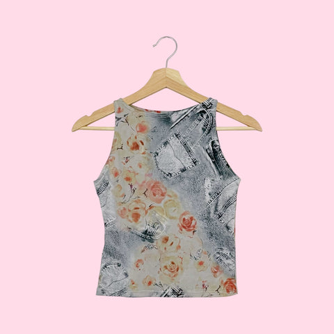GRAY DENIM ROSE PRINT TANK (XS/S)