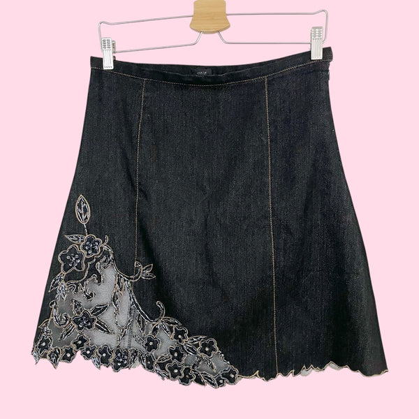 DARK 'DENIM' BEADED FLORAL CUT OUT MIDI SKIRT (S/M)
