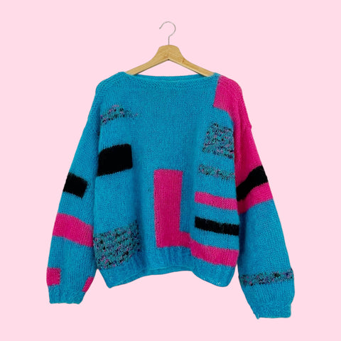 BLUE + PINK PATTERNED MOHAIR SWEATER (L)