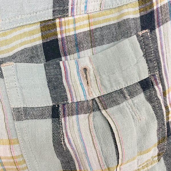 BLUE PLAID LINEN BLEND LOW RISE SHORTS (S)