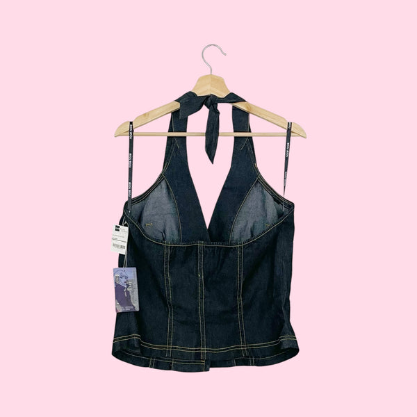 DARK STRETCH DENIM HALTER VEST (L)
