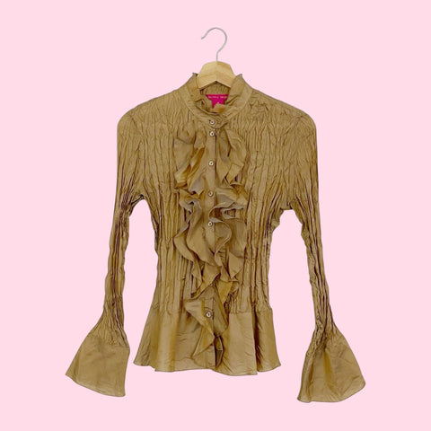 BROWN IRIDESCENT WRINKLED SILK BLOUSE (S/M)