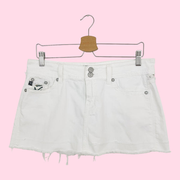 Y2K MISS ME WHITE + CAMO DENIM MINI SKIRT (M)