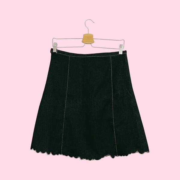 DARK 'DENIM' BEADED FLORAL CUT OUT MIDI SKIRT (S/M)