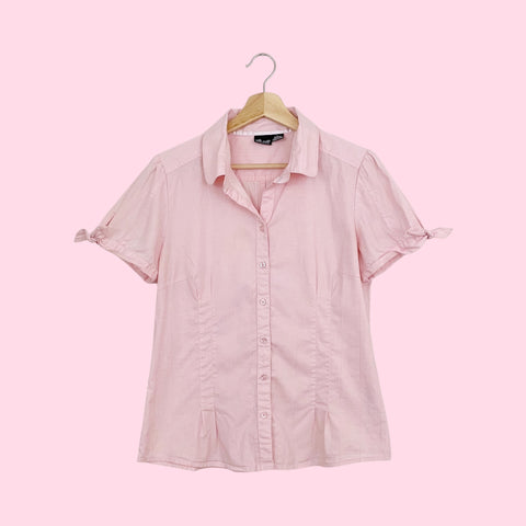 LIGHT PINK STRIPE TIE SLEEVE BLOUSE (L)