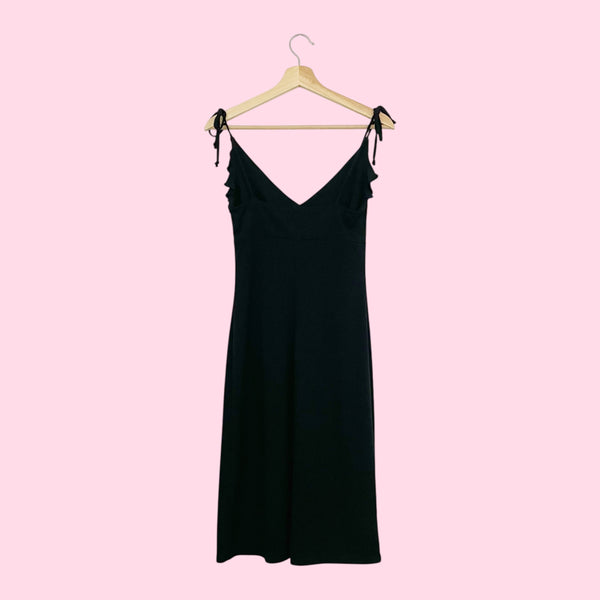 BLACK RUFFLE TIE STRAP MIDI DRESS (S/M)