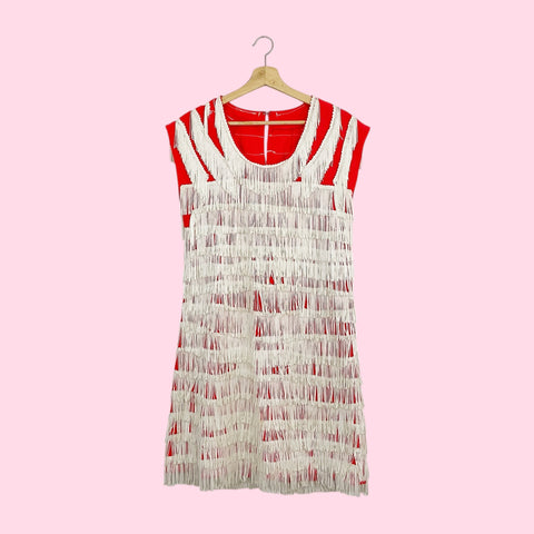 RED + WHITE FRINGE FLAPPER DRESS (S/M)