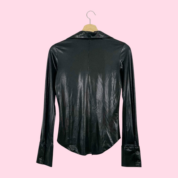 BLACK SHIMMER WET LOOK BLOUSE (S)