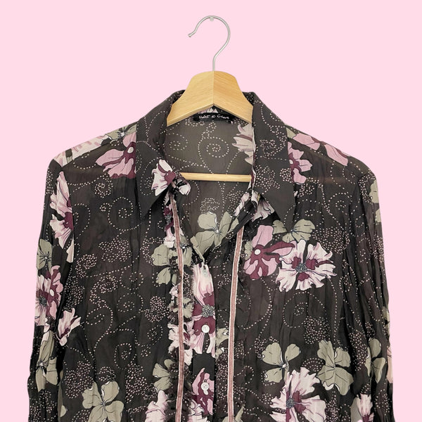 BROWN FLORAL PRINT WRINKLE BLOUSE (L)