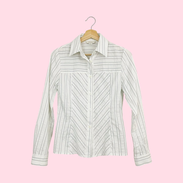 White + Blue Striped Button Up Blouse (S)