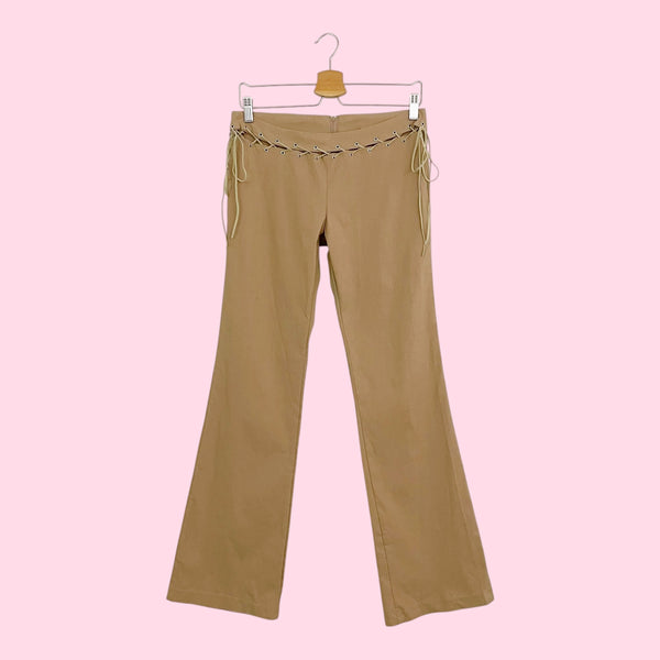 TAN STRETCH BOOTCUT PANTS W/ SUEDE LACE (M)