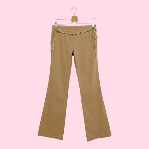 TAN STRETCH BOOTCUT PANTS W/ SUEDE LACE (M)