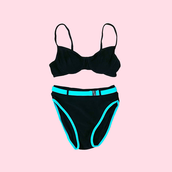 BLACK + AQUA HIGH WAISTED BIKINI (S)