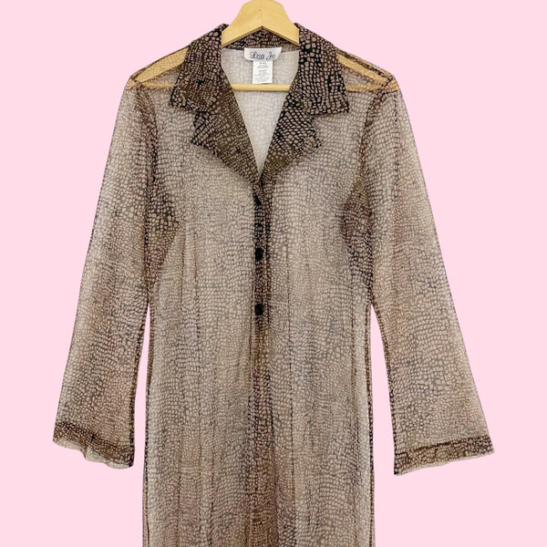 BROWN ANIMAL PRINT MESH LONG CARDIGAN (M)
