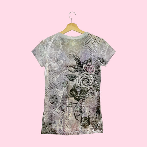 RHINESTONE ROSE + BUTTERFLY PRINT T-SHIRT (M)