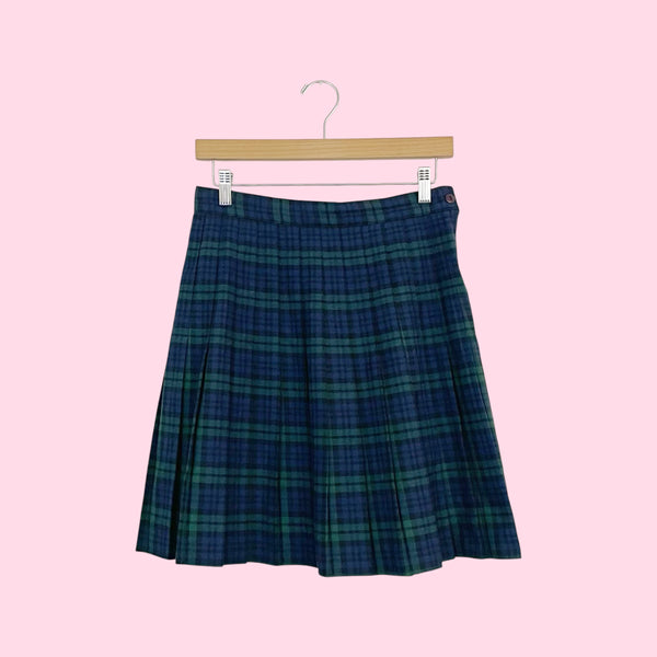 Green + Navy Plaid Pleated Knee Length Skirt (S)