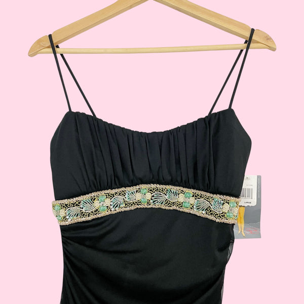 BLACK BEADED GATHERED MIDI DRESS (M)