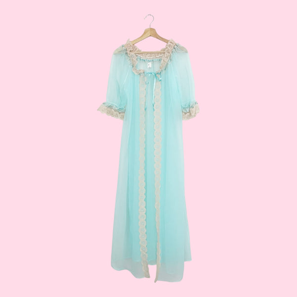 60s Aqua Nylon Peignoir w/ Tan Lace Trim (M)