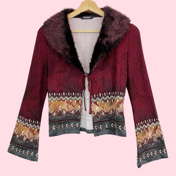 PRINTED TIE FRONT CARDIGAN W/ FAUX FUR COLLAR (S/M)