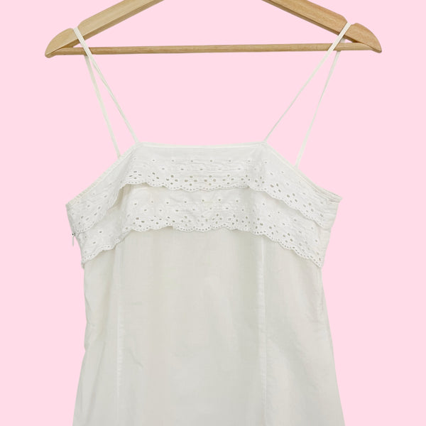 White Cotton Midi Dress w/ Eyelet Ruffle (XS)