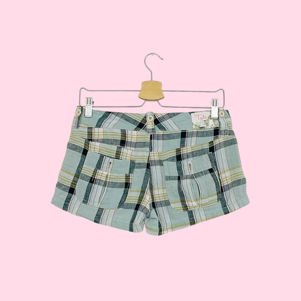 BLUE PLAID LINEN BLEND LOW RISE SHORTS (S)