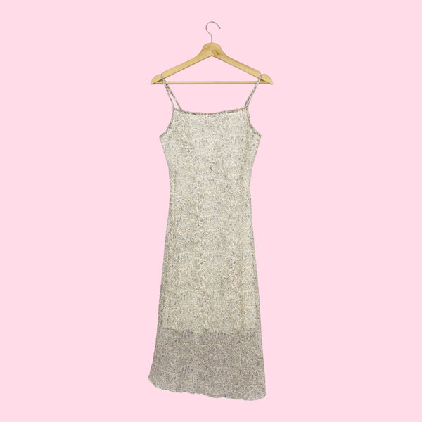 CREAM + BLUE FLORAL MILKMAID MIDI DRESS (M)