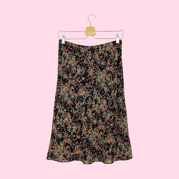 BLACK FLORAL PRINT MIDI SKIRT (S)
