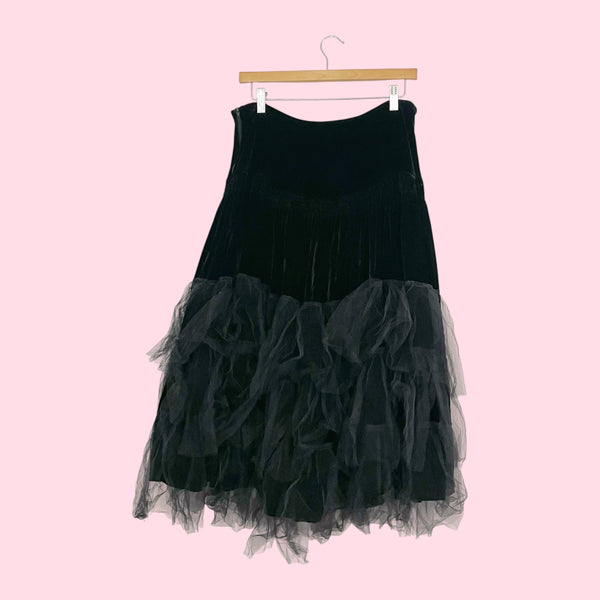 Black Velvet Tiered Midi Skirt w/ Tulle (30)