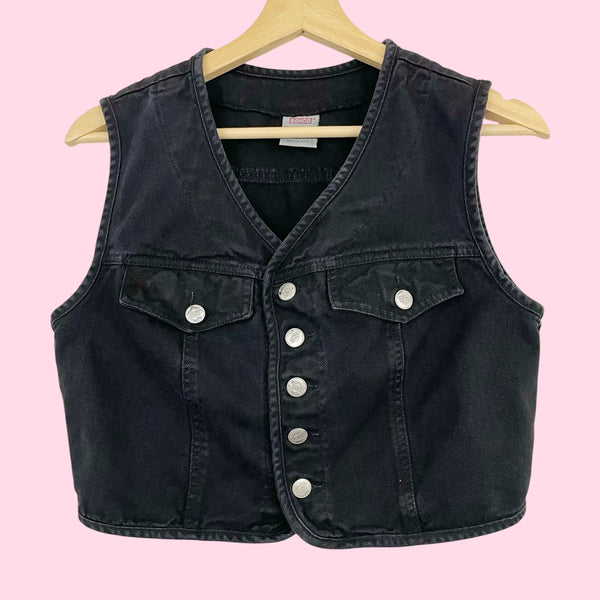90S BONGO BLACK CROPPED DENIM VEST (M)