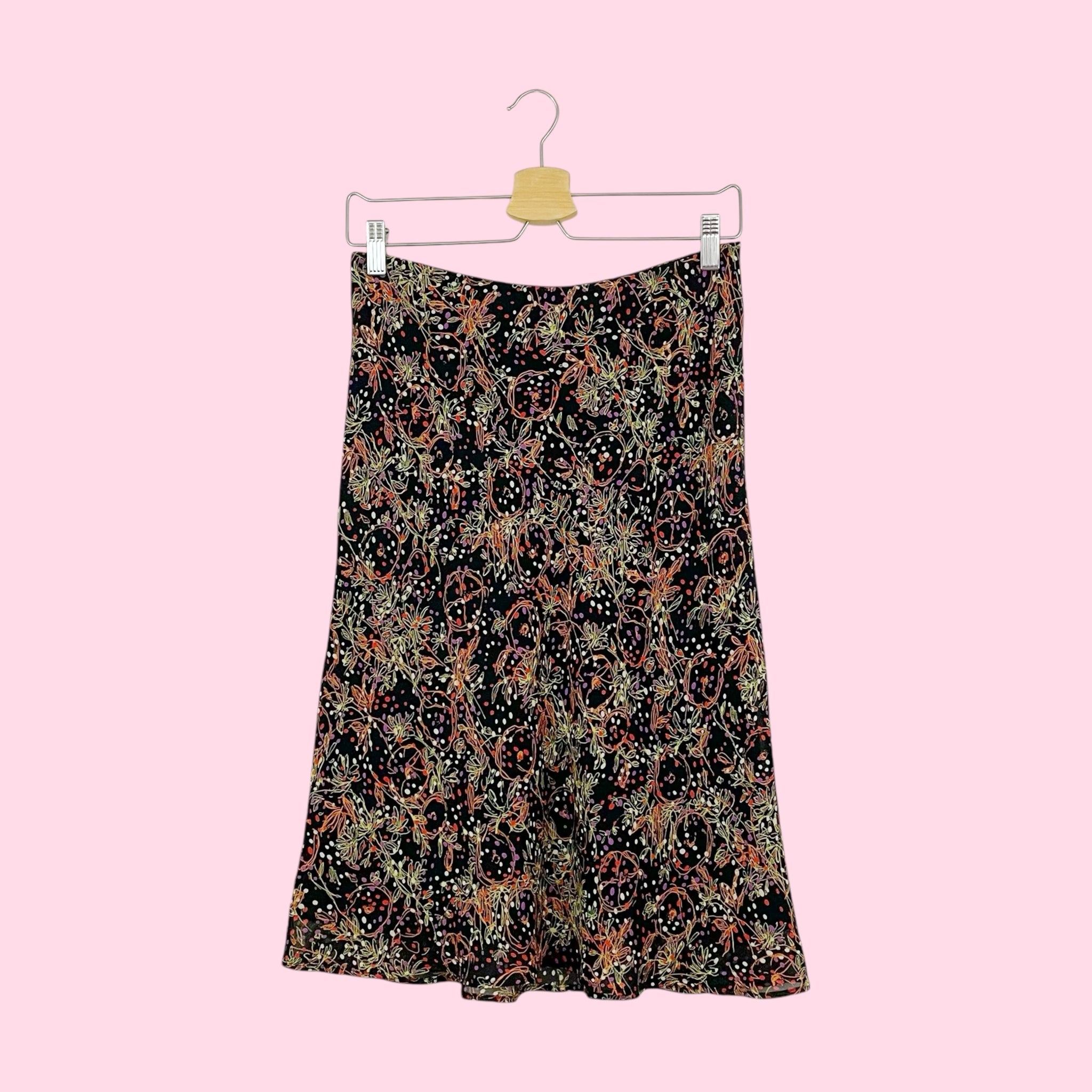 BLACK FLORAL PRINT MIDI SKIRT (S)