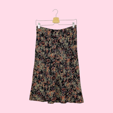 BLACK FLORAL PRINT MIDI SKIRT (S)