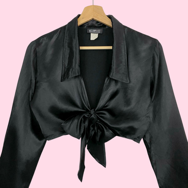 BLACK SATIN TIE FRONT CROPPED BLOUSE (S/M)