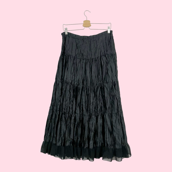 BLACK SATIN PLEATED MAXI SKIRT (S)