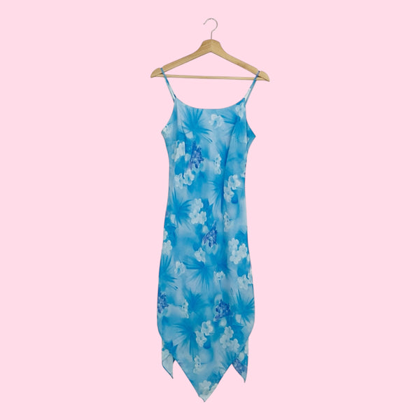 Y2K Blue Floral Asymmetrical Midi Dress (S/M)