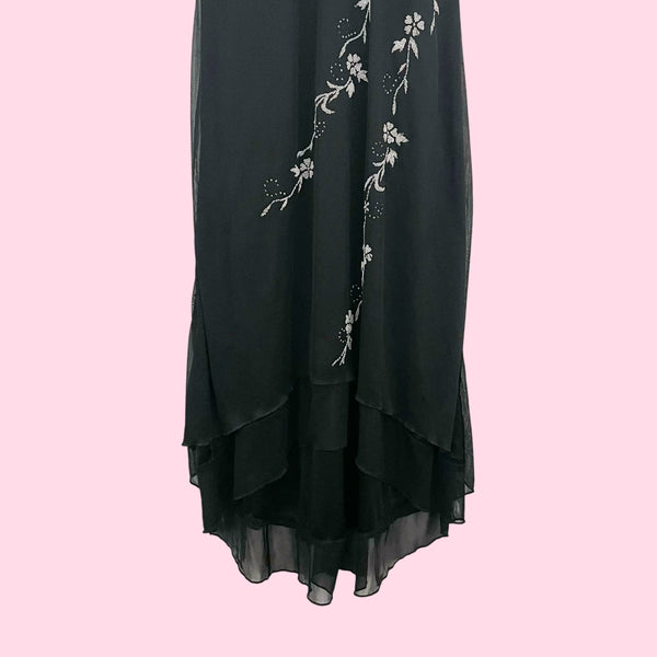 BLACK BEADED FLORAL MIDI DRESS (M/L)