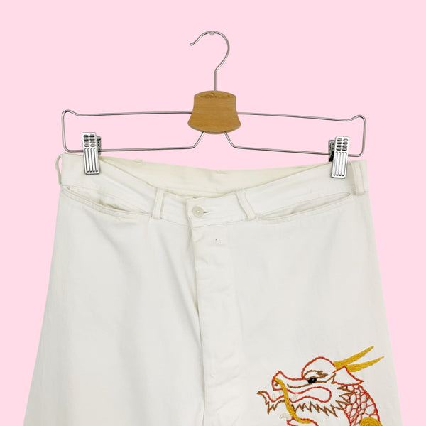VINTAGE US NAVY WHITE PANTS W/ EMBROIDERED DRAGON (28)