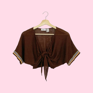 BROWN KNIT SHRUG W/ RAINBOW TRIM (L)