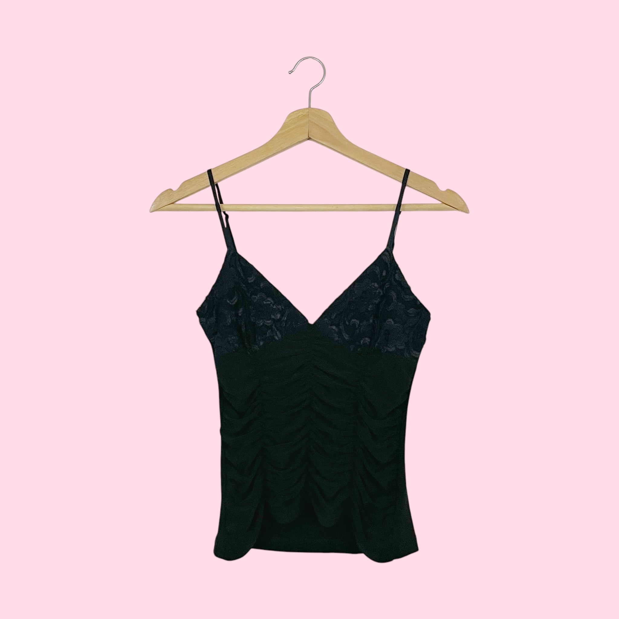 BLACK RUCHED TANK TOP W/ LACE CUP (S)