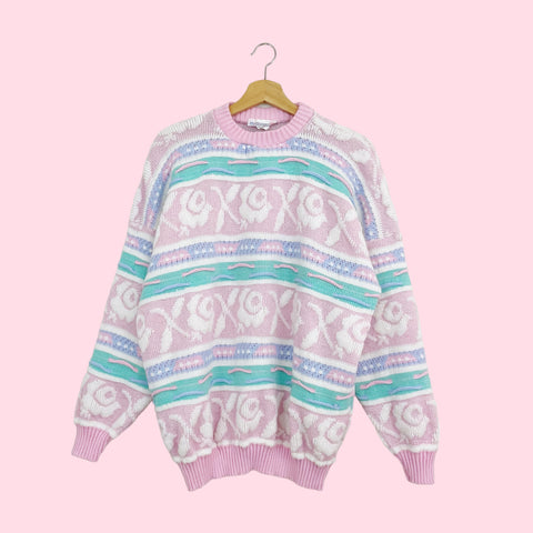 80s ROSE PASTEL KAWAII SWEATER (XL)