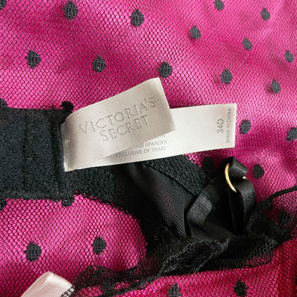 VICTORIA'S SECRET BLACK + PINK DOT RUCHED MESH BABYDOLL (34D)