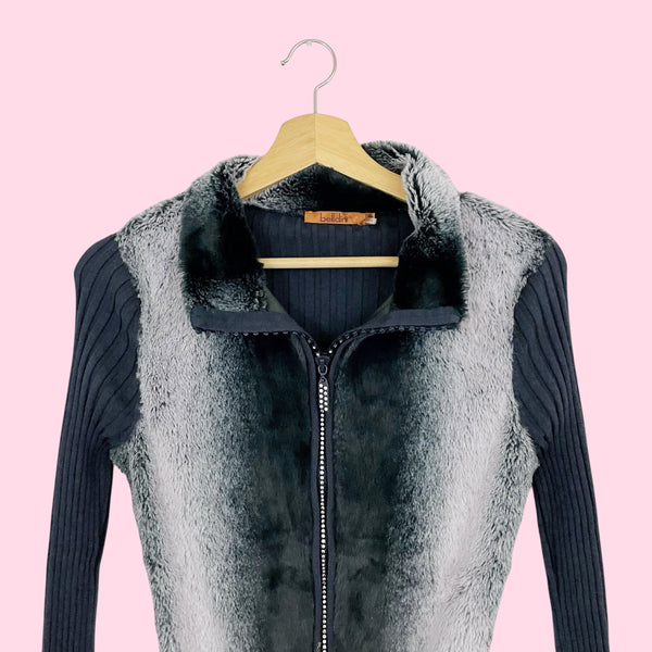 GRAY FAUX FUR ZIP UP CARDIGAN (S)