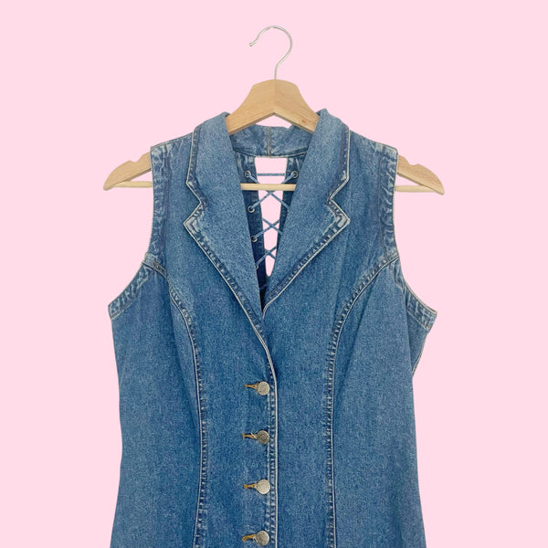 90s Denim Button Up Dress w/ Lace Up Back (6/8)