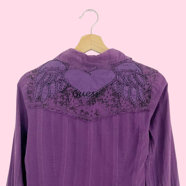 Y2K Guess Purple Embroidered Winged Heart Blouse (S/M)