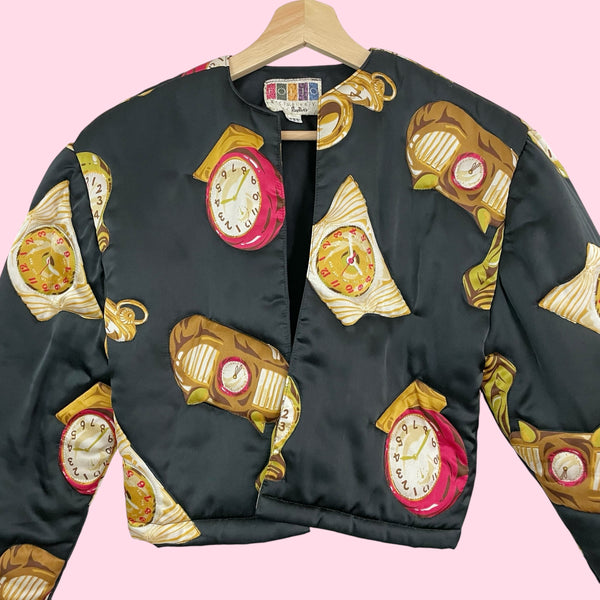 CLOCK PRINT CROPPED SILK JACKET (S)