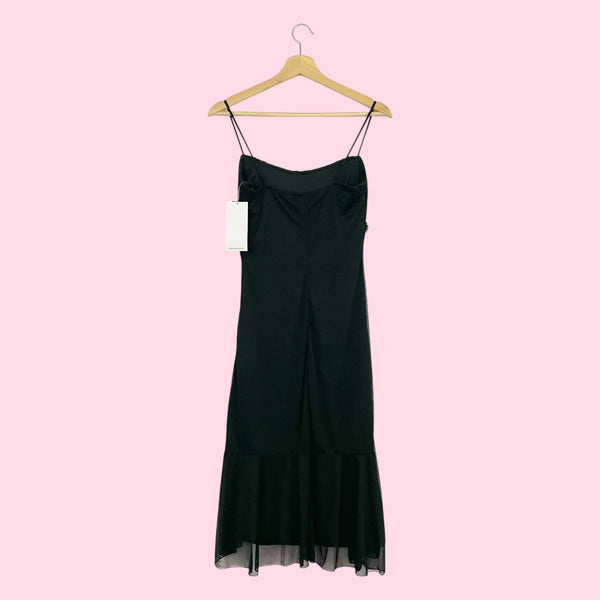 BLACK BEADED GATHERED MIDI DRESS (M)